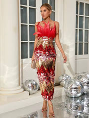 Elegant Empire Zipper Strapless Feather Sequins Maxi Dress