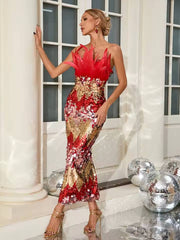 Elegant Empire Zipper Strapless Feather Sequins Maxi Dress