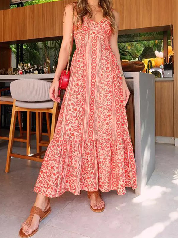 Elegant Ethnic Print Open Shoulder In V-Neck Slip Maxi Dress