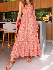 Elegant Ethnic Print Open Shoulder In V-Neck Slip Maxi Dress