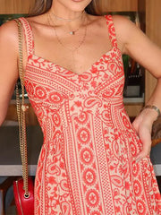 Elegant Ethnic Print Open Shoulder In V-Neck Slip Maxi Dress