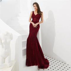 Elegant Evening Night V Neck Crystal Handmade Mermaid Long Prom Wedding Party Gowns