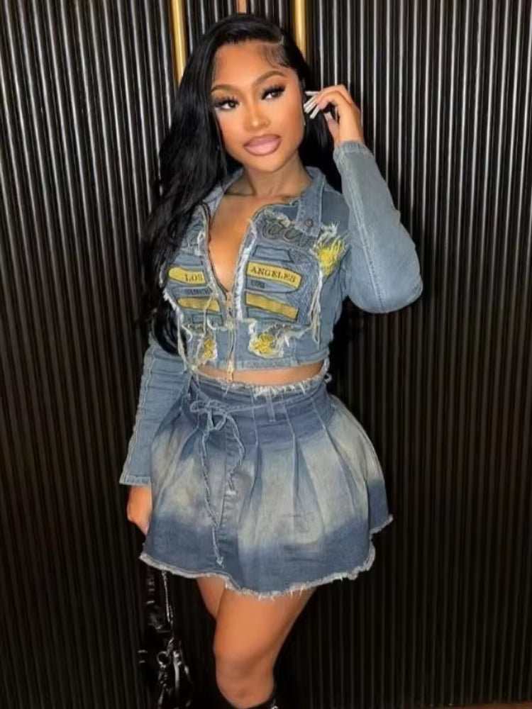 Elegant Fall Ripped Letter Embroidery Zip Jacket And Pleated Skirt 2 Piece Set