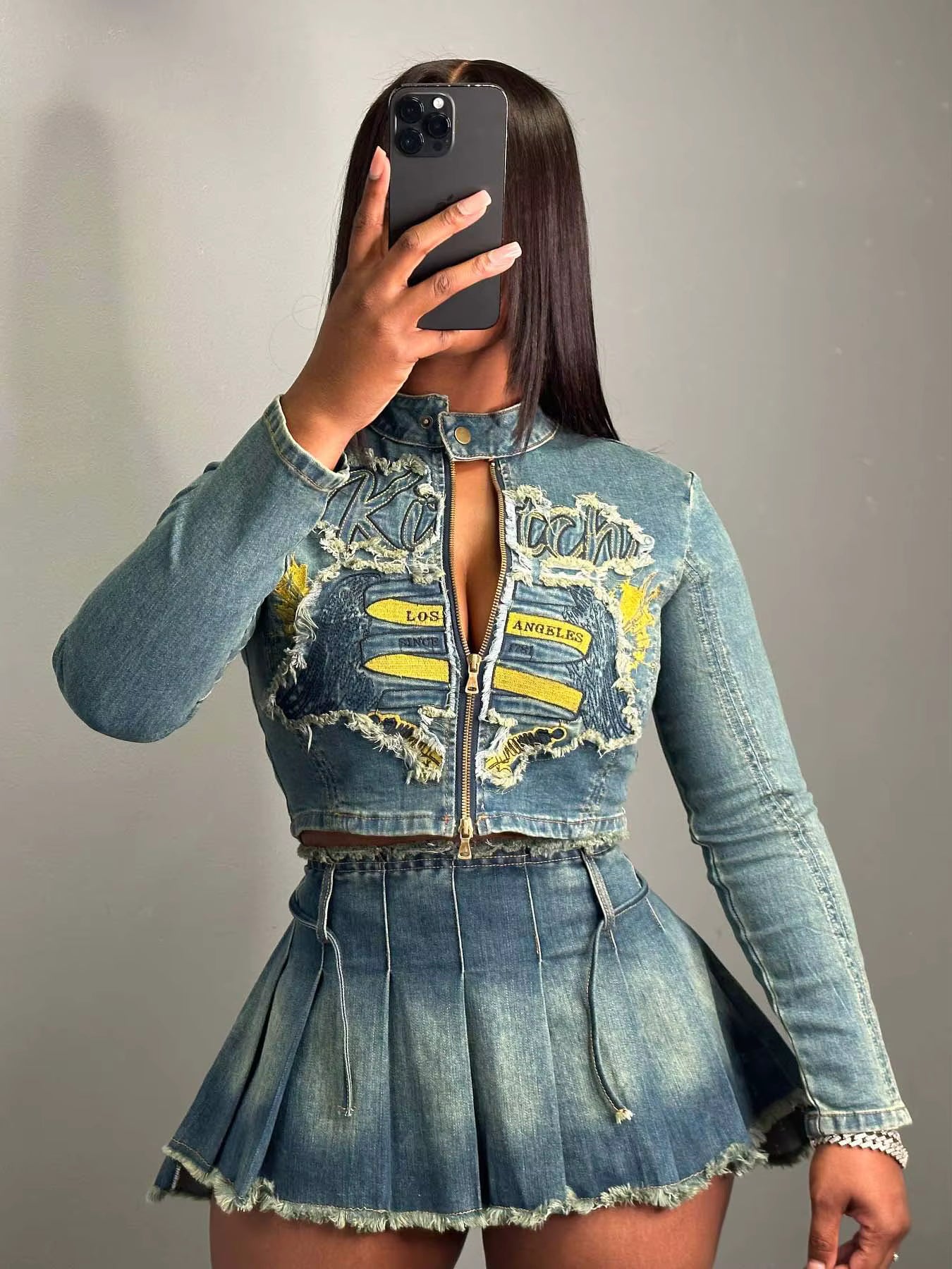 Elegant Fall Ripped Letter Embroidery Zip Jacket And Pleated Skirt 2 Piece Set