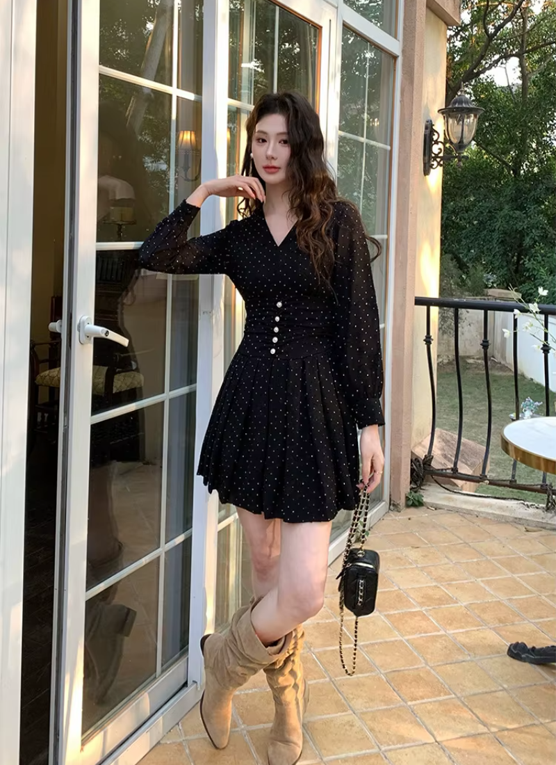 Elegant Casual Vintage Print V-Neck Slim Mini Short Pleated Dress