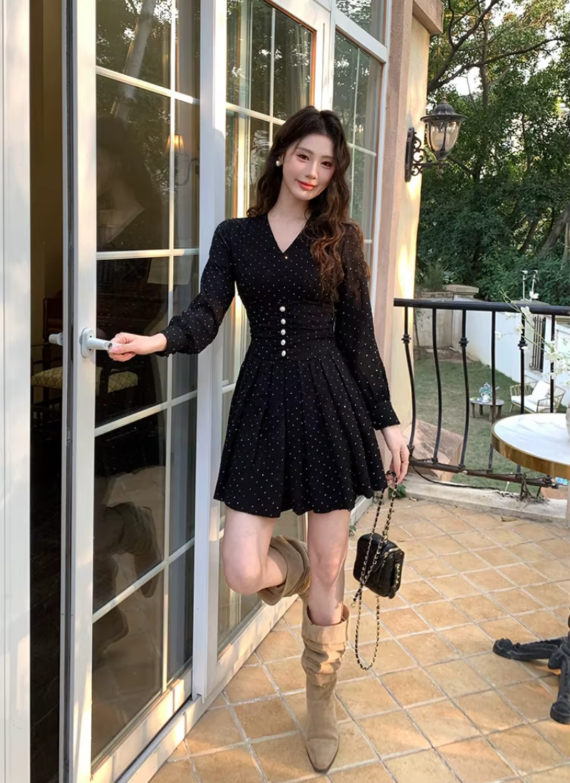Elegant Casual Vintage Print V-Neck Slim Mini Short Pleated Dress