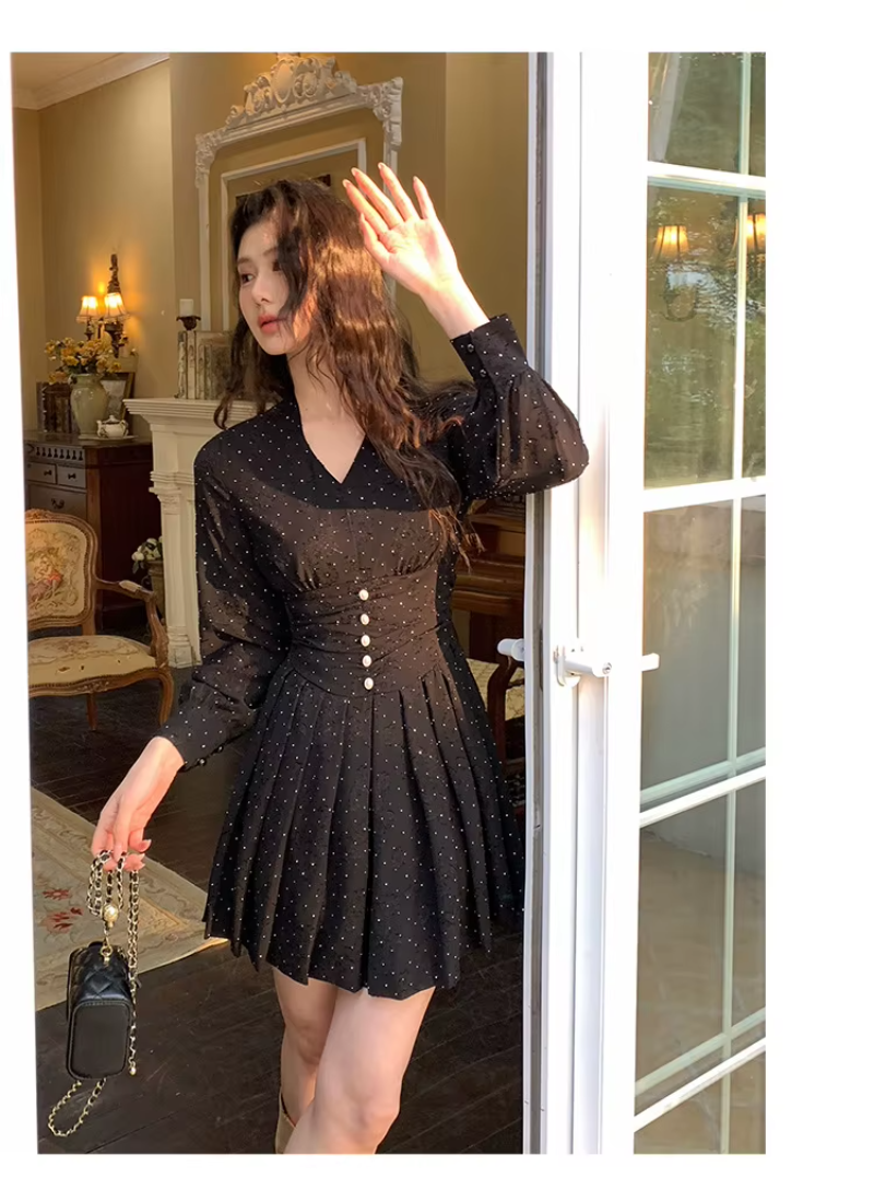 Elegant Casual Vintage Print V-Neck Slim Mini Short Pleated Dress