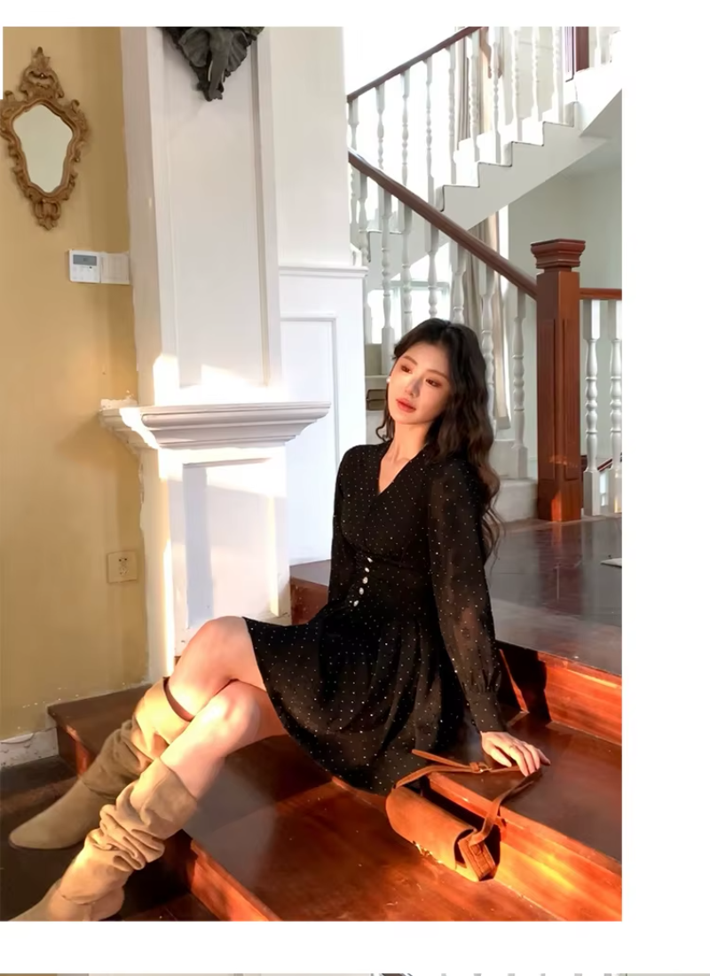 Elegant Casual Vintage Print V-Neck Slim Mini Short Pleated Dress