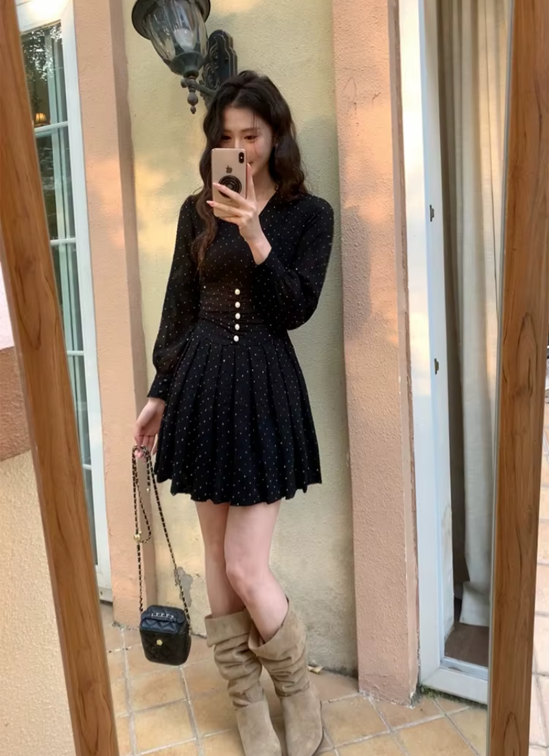 Elegant Casual Vintage Print V-Neck Slim Mini Short Pleated Dress