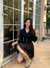 Elegant Casual Vintage Print V-Neck Slim Mini Short Pleated Dress