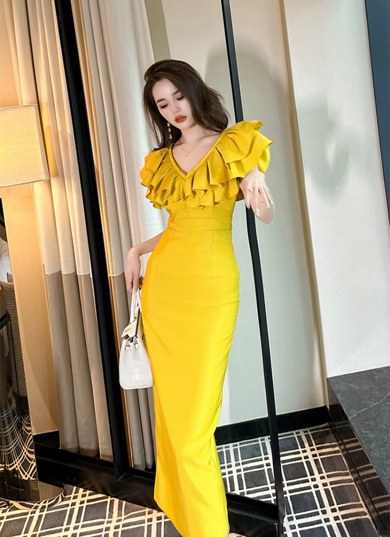 Elegant Chic Ruffle V-Neck Slim Midi Long Evening Dress