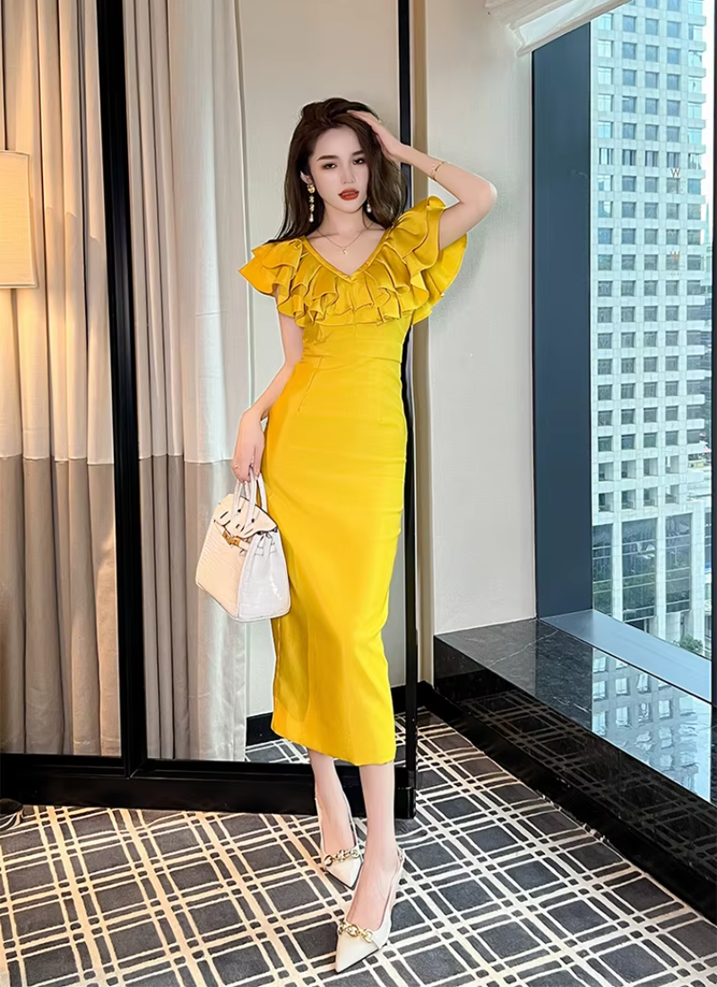 Elegant Chic Ruffle V-Neck Slim Midi Long Evening Dress