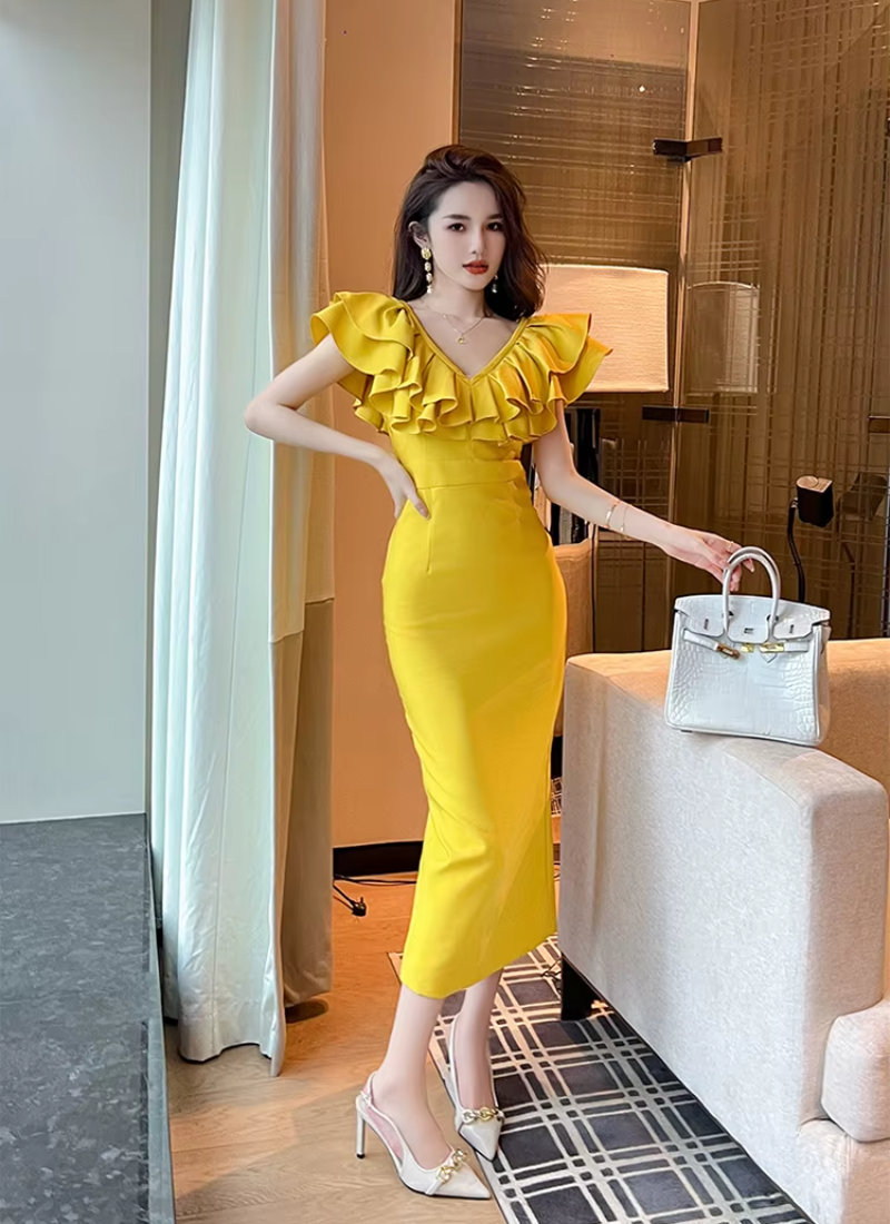 Elegant Chic Ruffle V-Neck Slim Midi Long Evening Dress