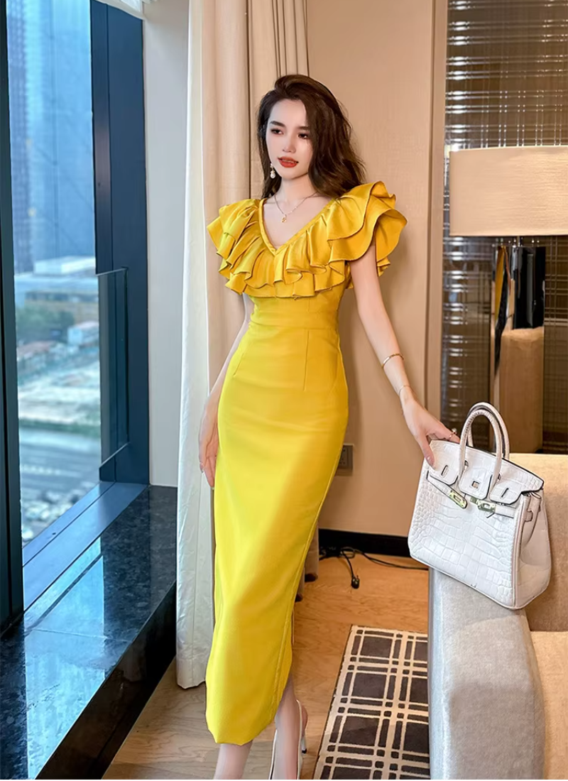 Elegant Chic Ruffle V-Neck Slim Midi Long Evening Dress