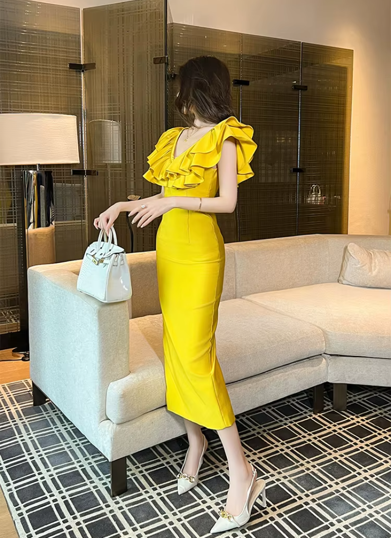 Elegant Chic Ruffle V-Neck Slim Midi Long Evening Dress