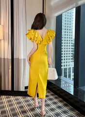 Elegant Chic Ruffle V-Neck Slim Midi Long Evening Dress