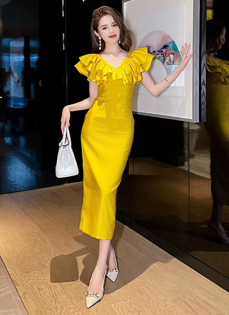 Elegant Chic Ruffle V-Neck Slim Midi Long Evening Dress