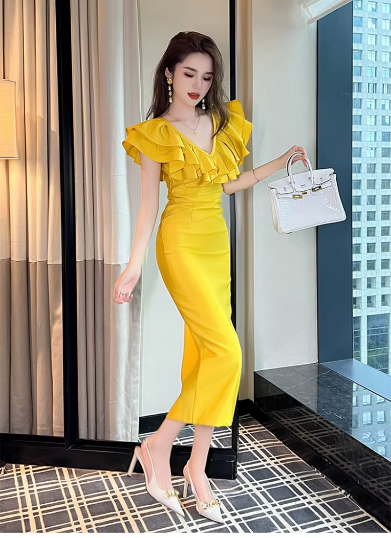 Elegant Chic Ruffle V-Neck Slim Midi Long Evening Dress