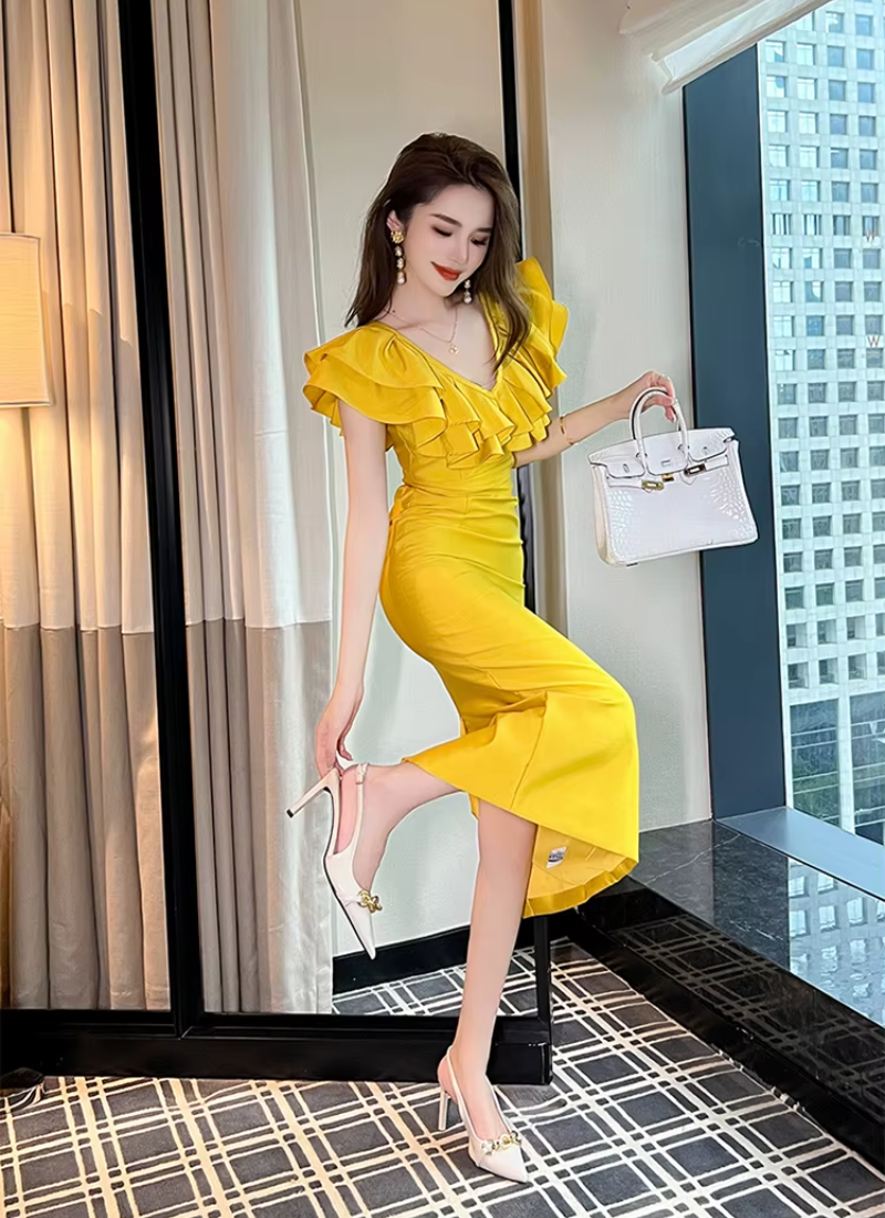 Elegant Chic Ruffle V-Neck Slim Midi Long Evening Dress
