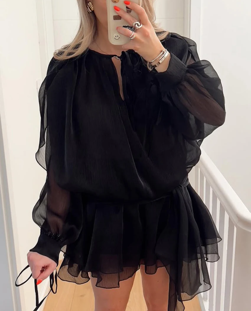 Elegant Classic Pleated Casual O-Neck Long Sleeve Loose Mini Dresses