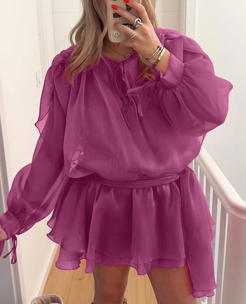 Elegant Classic Pleated Casual O-Neck Long Sleeve Loose Mini Dresses
