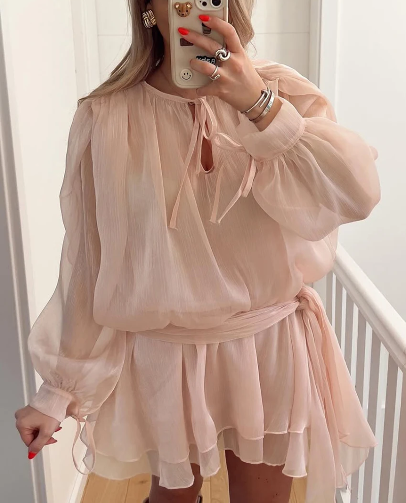 Elegant Classic Pleated Casual O-Neck Long Sleeve Loose Mini Dresses