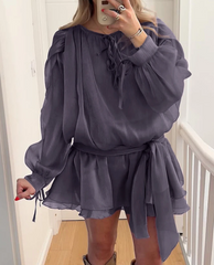 Elegant Classic Pleated Casual O-Neck Long Sleeve Loose Mini Dresses