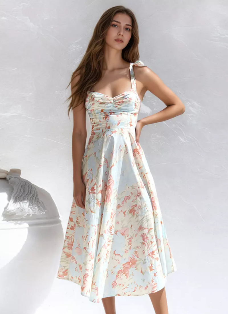 Elegant Floral Print With Bow-Tie Straps Midi Dress