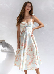 Elegant Floral Print With Bow-Tie Straps Midi Dress