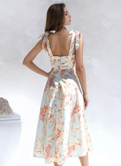 Elegant Floral Print With Bow-Tie Straps Midi Dress