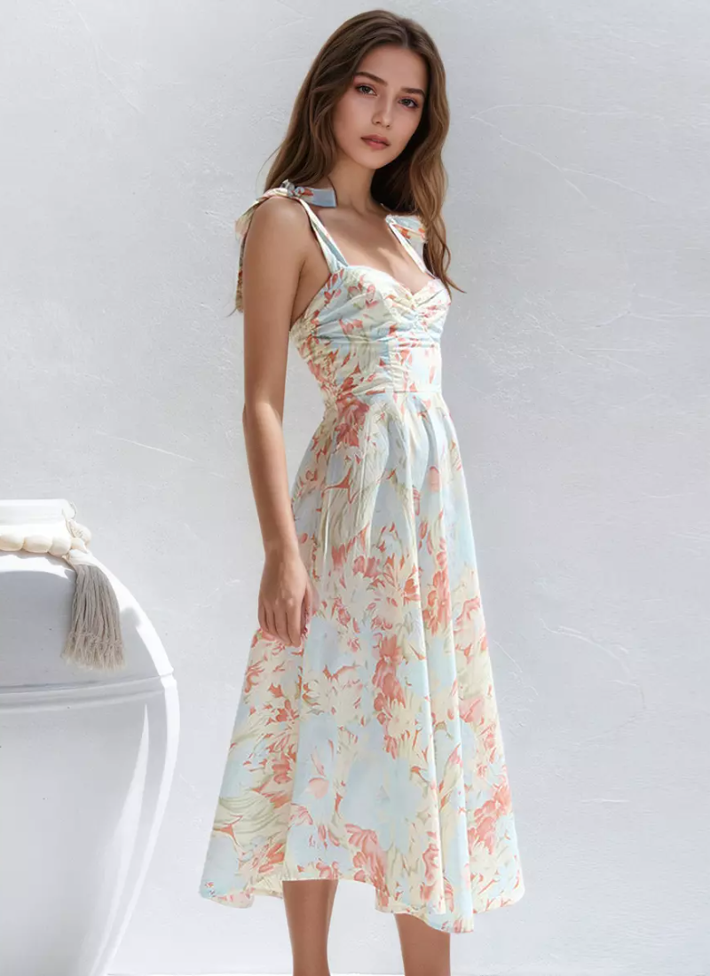 Elegant Floral Print With Bow-Tie Straps Midi Dress