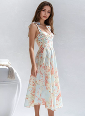 Elegant Floral Print With Bow-Tie Straps Midi Dress