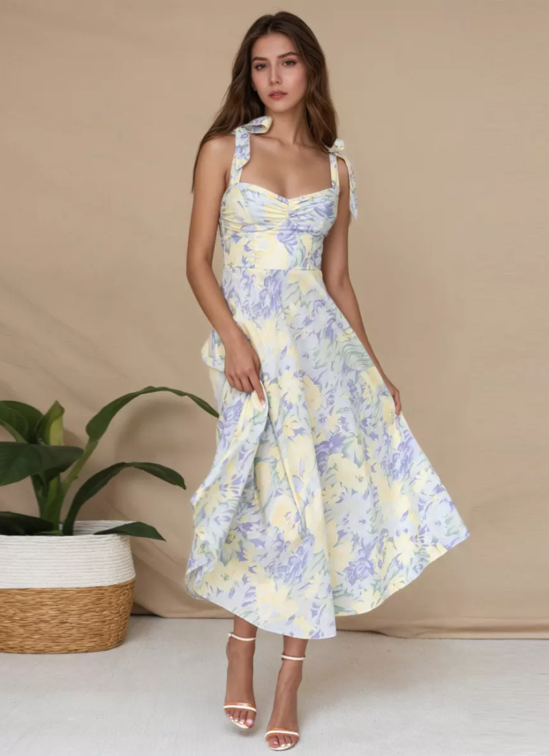 Elegant Floral Print With Bow-Tie Straps Midi Dress