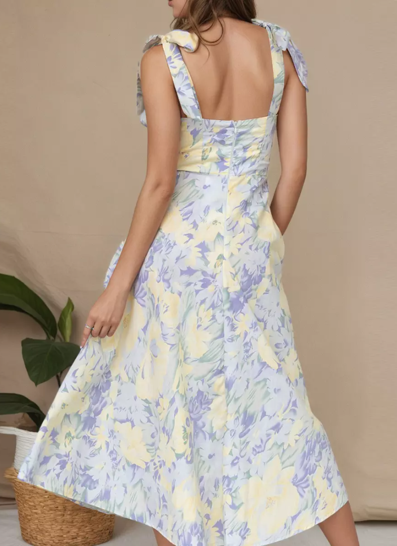 Elegant Floral Print With Bow-Tie Straps Midi Dress