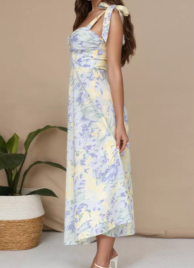 Elegant Floral Print With Bow-Tie Straps Midi Dress