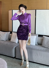 Elegant Formal Occasion  2-Piece Shirt Sequin Slim Pencil Short Dress
