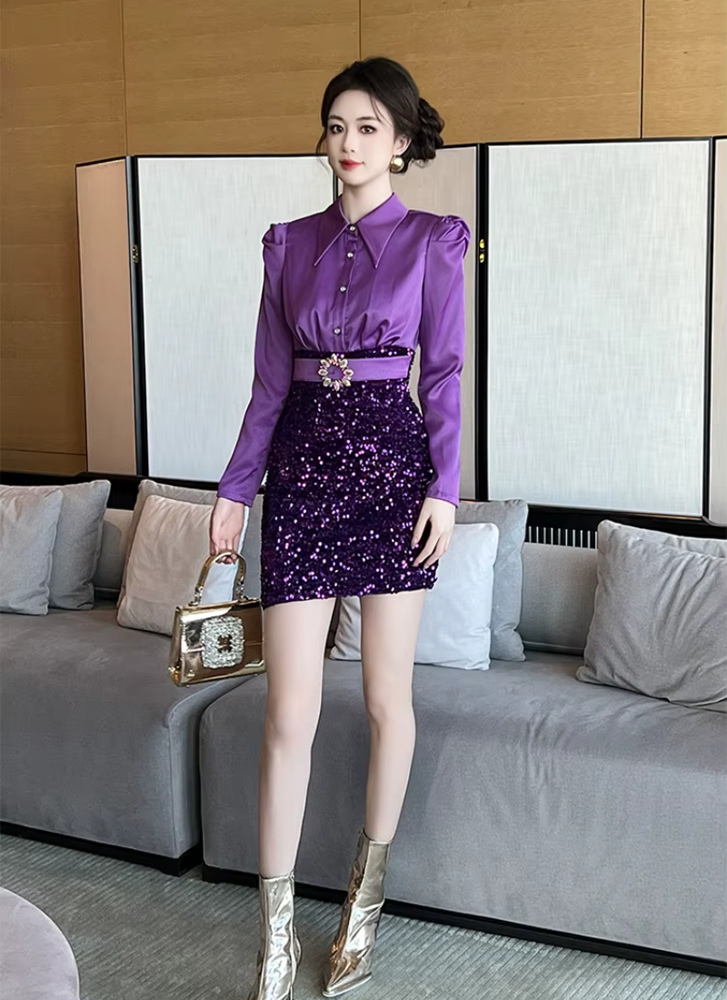 Elegant Formal Occasion  2-Piece Shirt Sequin Slim Pencil Short Dress