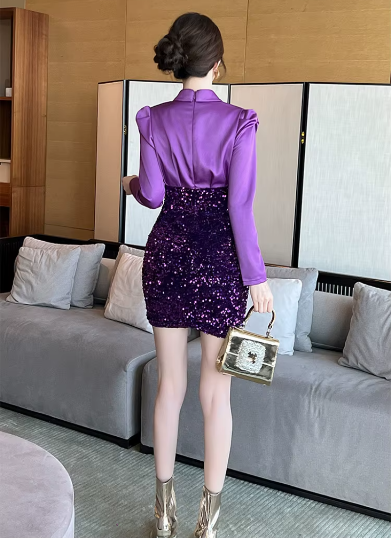 Elegant Formal Occasion  2-Piece Shirt Sequin Slim Pencil Short Dress