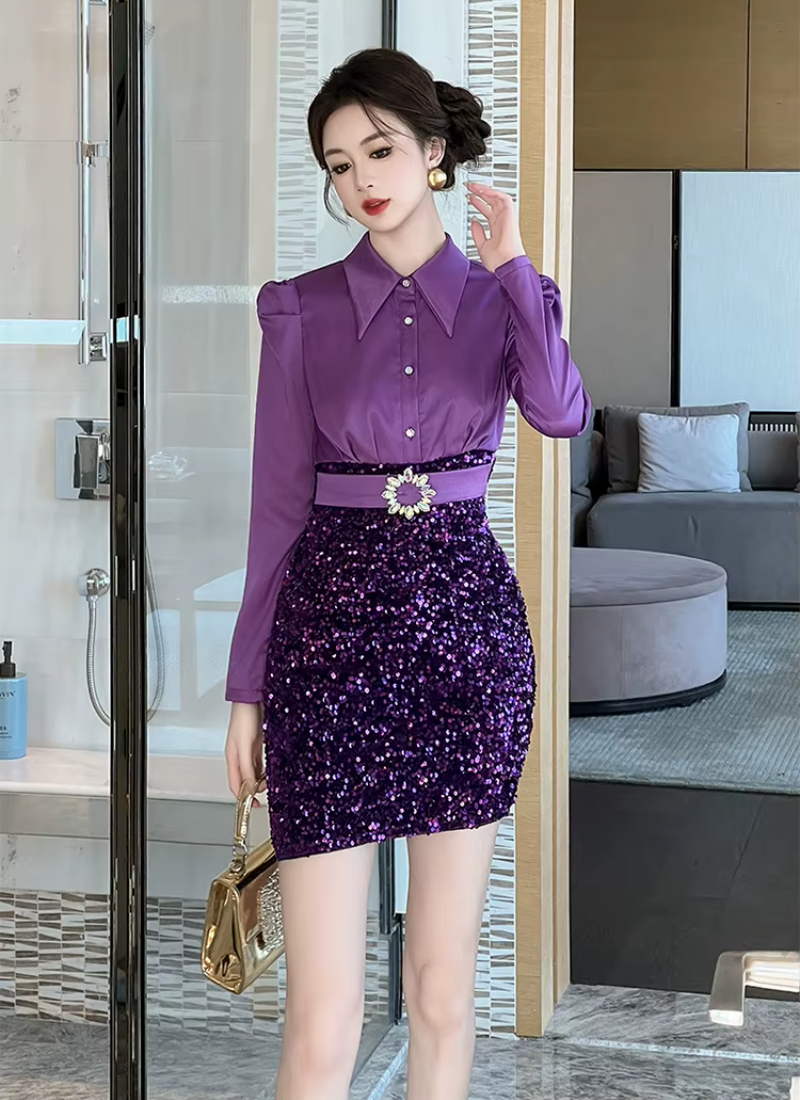 Elegant Formal Occasion  2-Piece Shirt Sequin Slim Pencil Short Dress