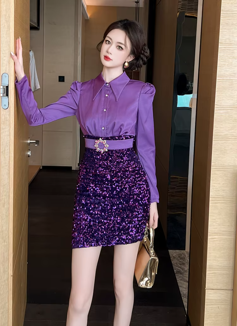 Elegant Formal Occasion  2-Piece Shirt Sequin Slim Pencil Short Dress