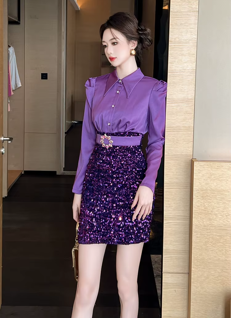 Elegant Formal Occasion  2-Piece Shirt Sequin Slim Pencil Short Dress