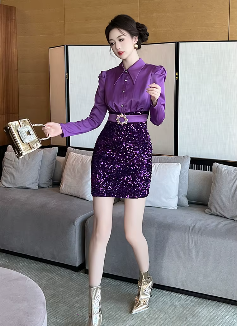 Elegant Formal Occasion  2-Piece Shirt Sequin Slim Pencil Short Dress