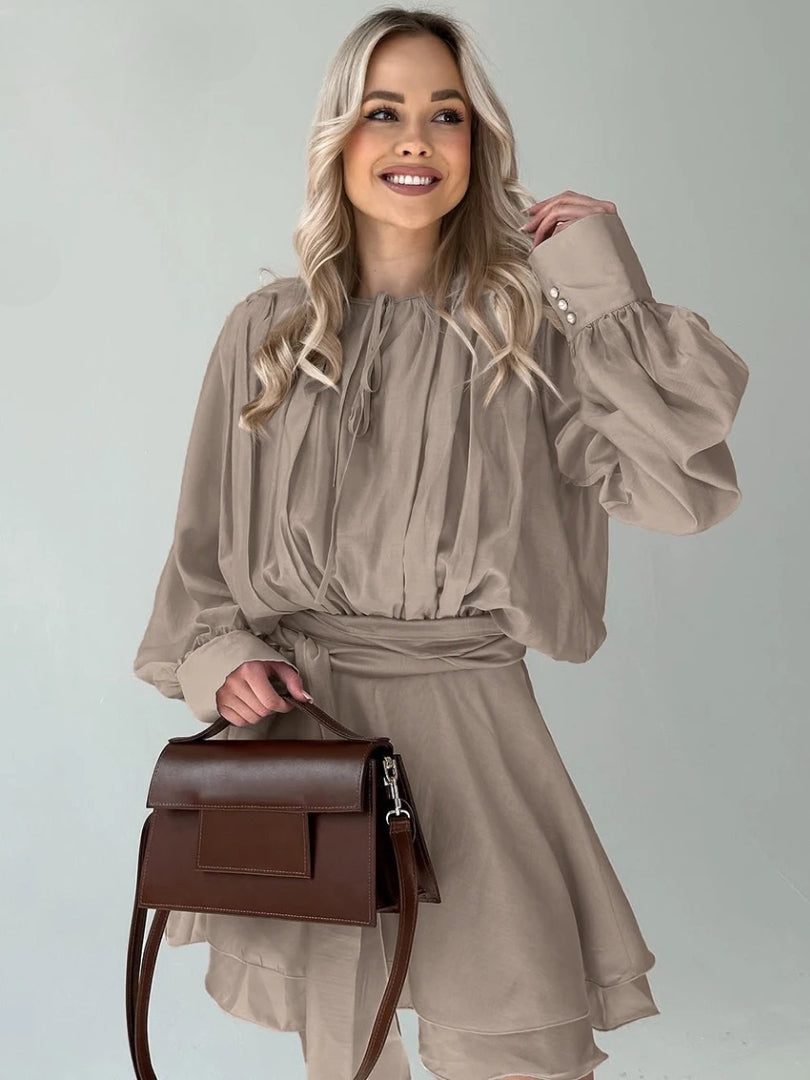 Elegant Long Sleeve Shirt With High Waist Pleated Mini Skirt Set