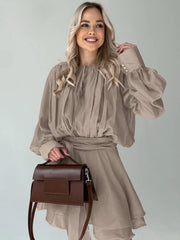 Elegant Long Sleeve Shirt With High Waist Pleated Mini Skirt Set