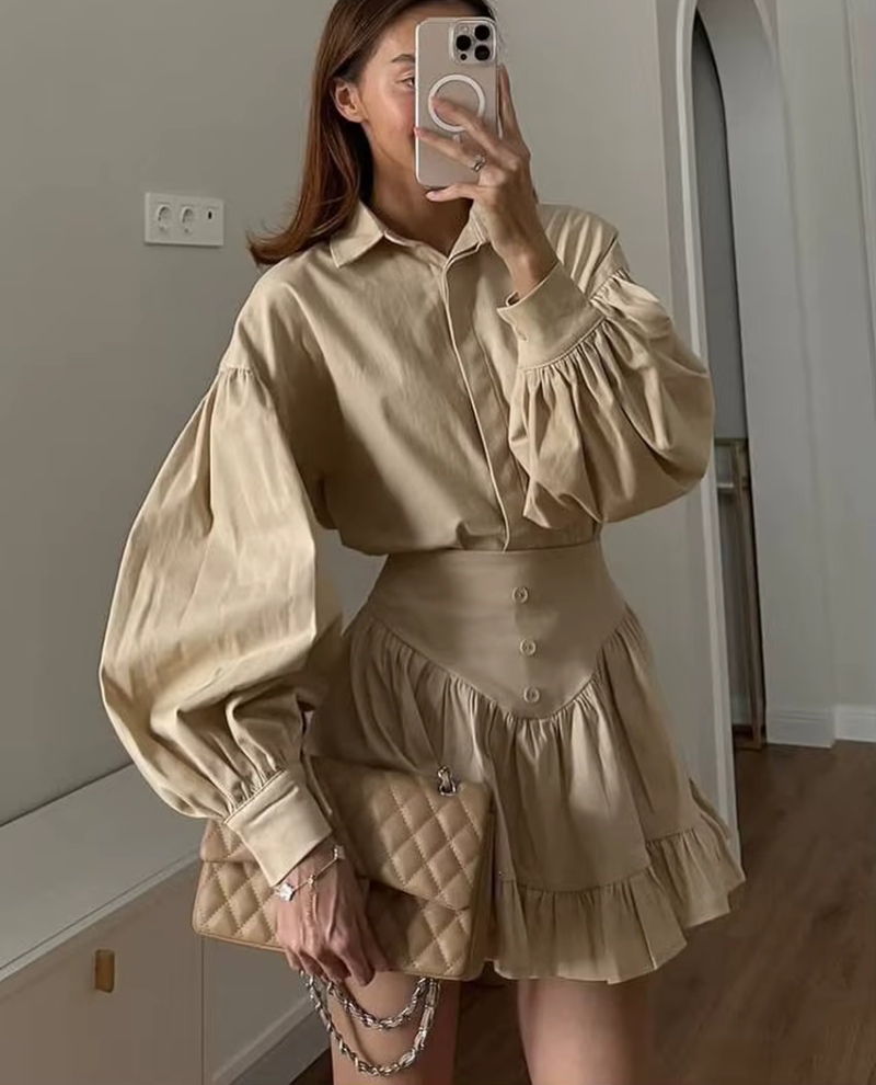 Elegant Loose Long Sleeve Shirt With High Waist Mini Pleated Skirt 2 Piece Set