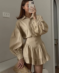 Elegant Loose Long Sleeve Shirt With High Waist Mini Pleated Skirt 2 Piece Set