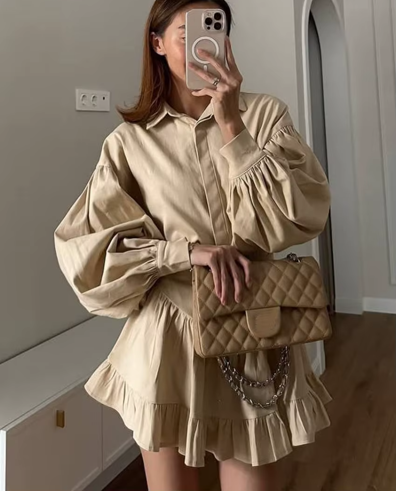 Elegant Loose Long Sleeve Shirt With High Waist Mini Pleated Skirt 2 Piece Set