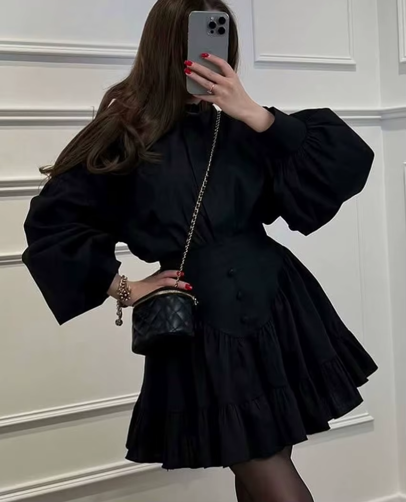 Elegant Loose Long Sleeve Shirt With High Waist Mini Pleated Skirt 2 Piece Set