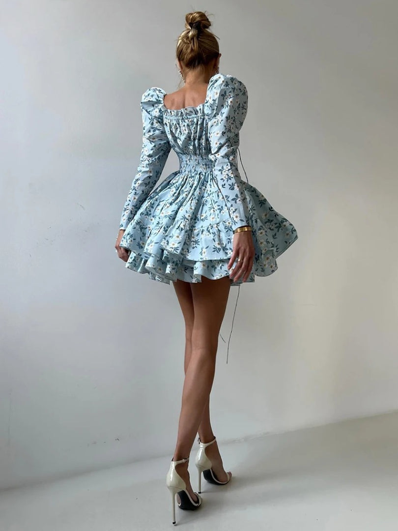 Elegant Loose Print High Waist Pleated V-Neck Long Sleeve Mini Dresses