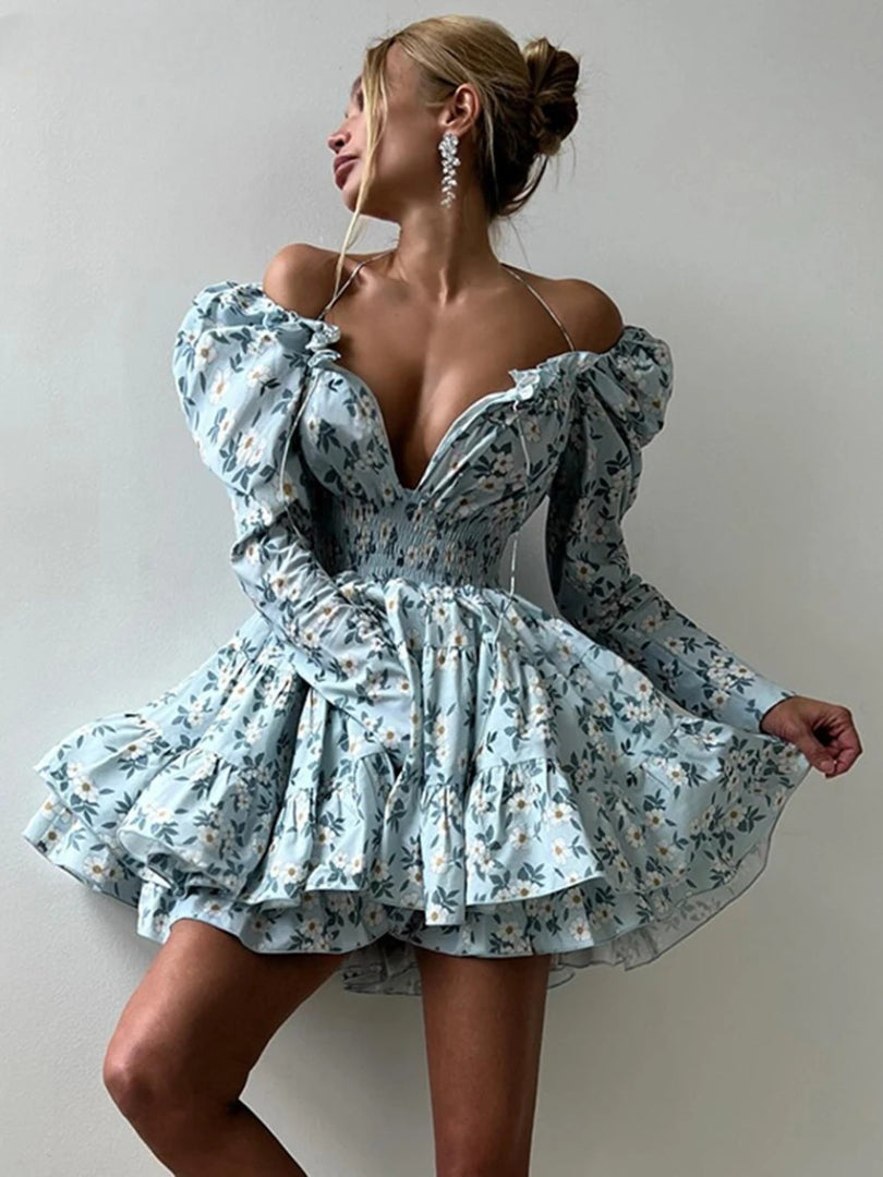 Elegant Loose Print High Waist Pleated V-Neck Long Sleeve Mini Dresses
